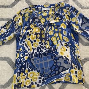 Blue/yellow/white silk blouse, by Mossique